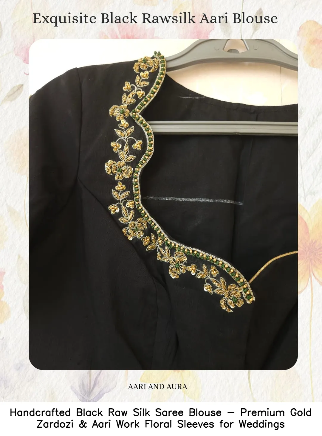 Handcrafted Black Raw Silk Saree Blouse - Premium Gold Zardozi & Aari Work Floral Sleeves for Weddings