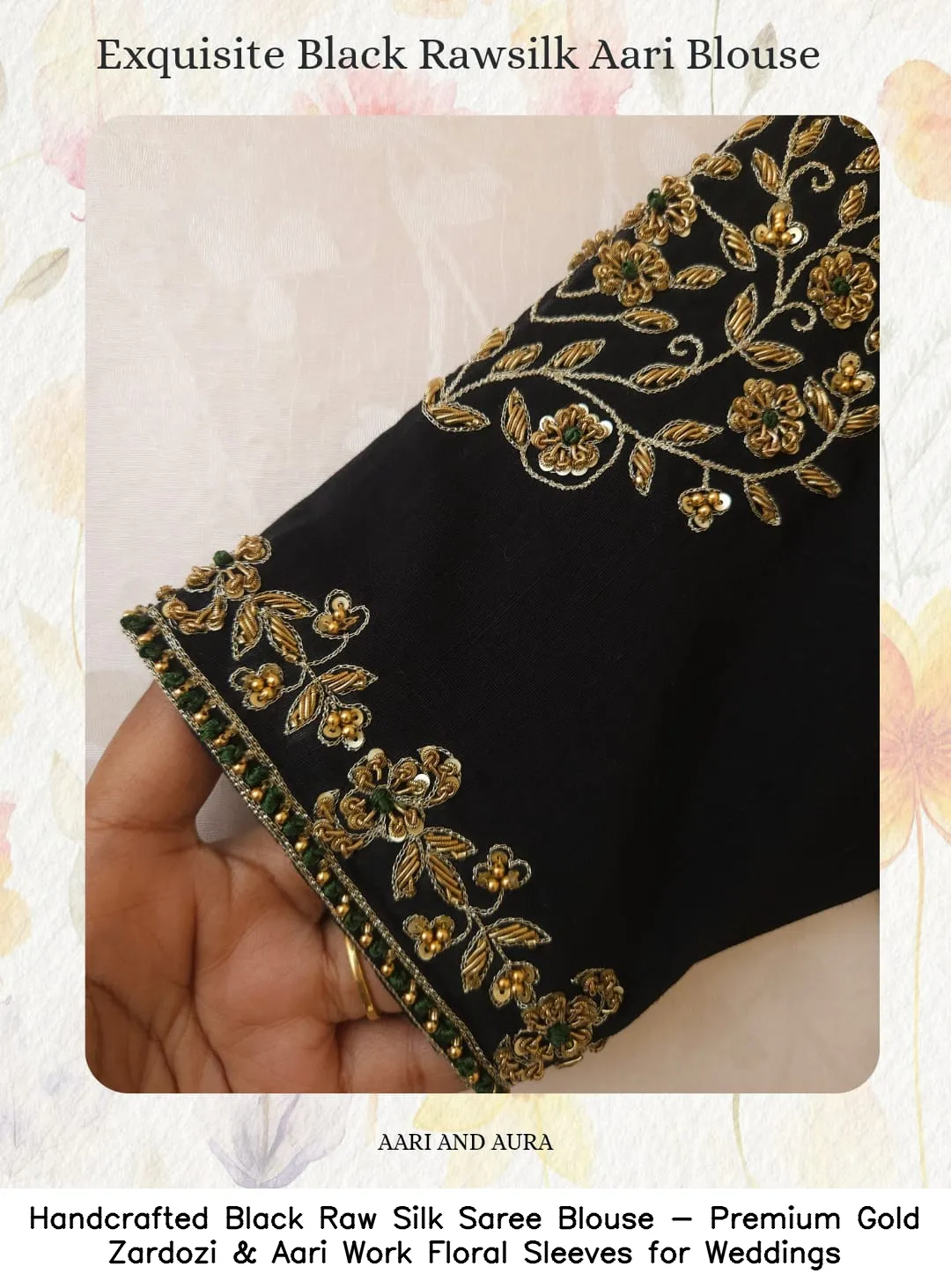 Handcrafted Black Raw Silk Saree Blouse - Premium Gold Zardozi & Aari Work Floral Sleeves for Weddings