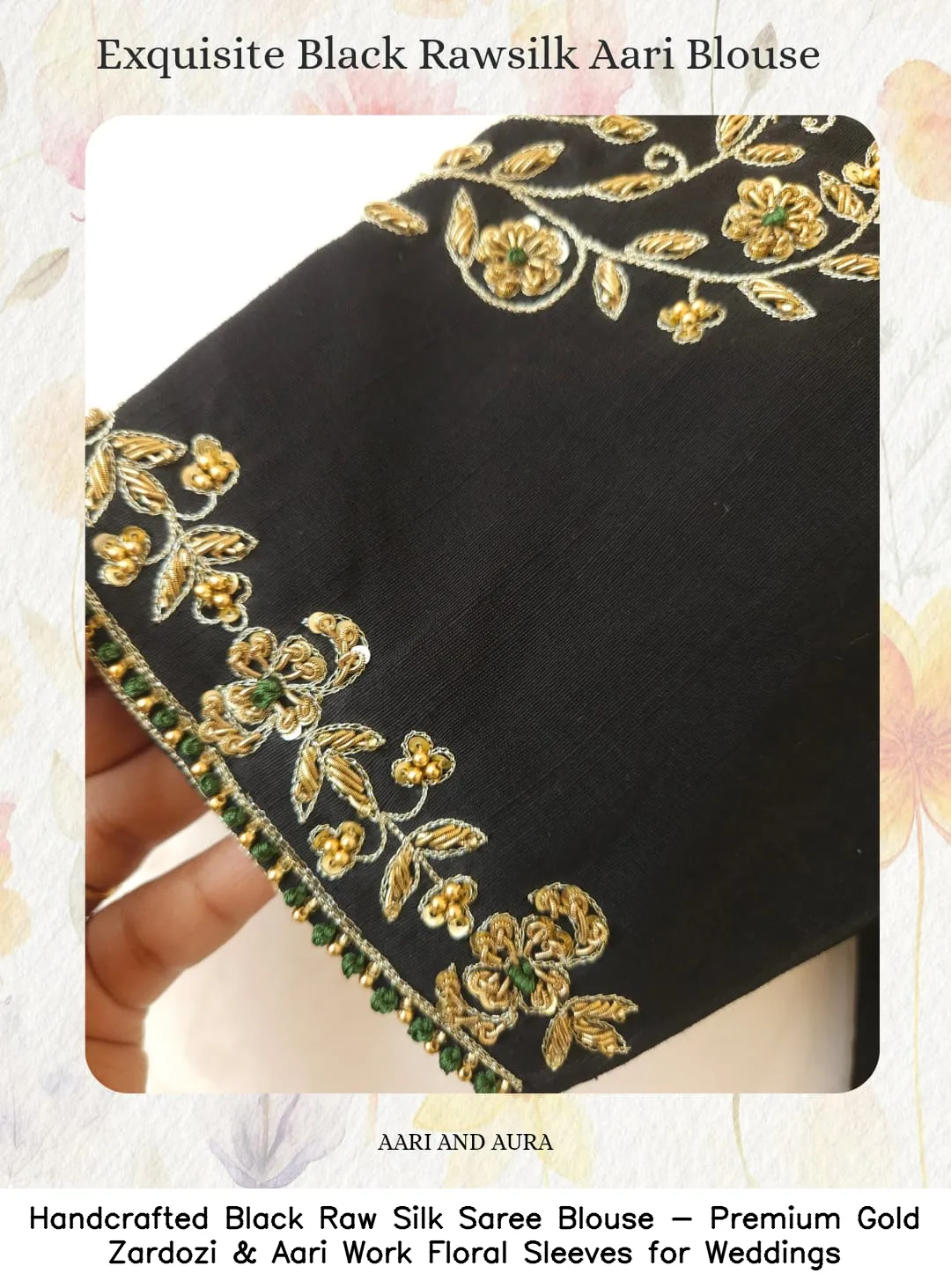 Handcrafted Black Raw Silk Saree Blouse - Premium Gold Zardozi & Aari Work Floral Sleeves for Weddings