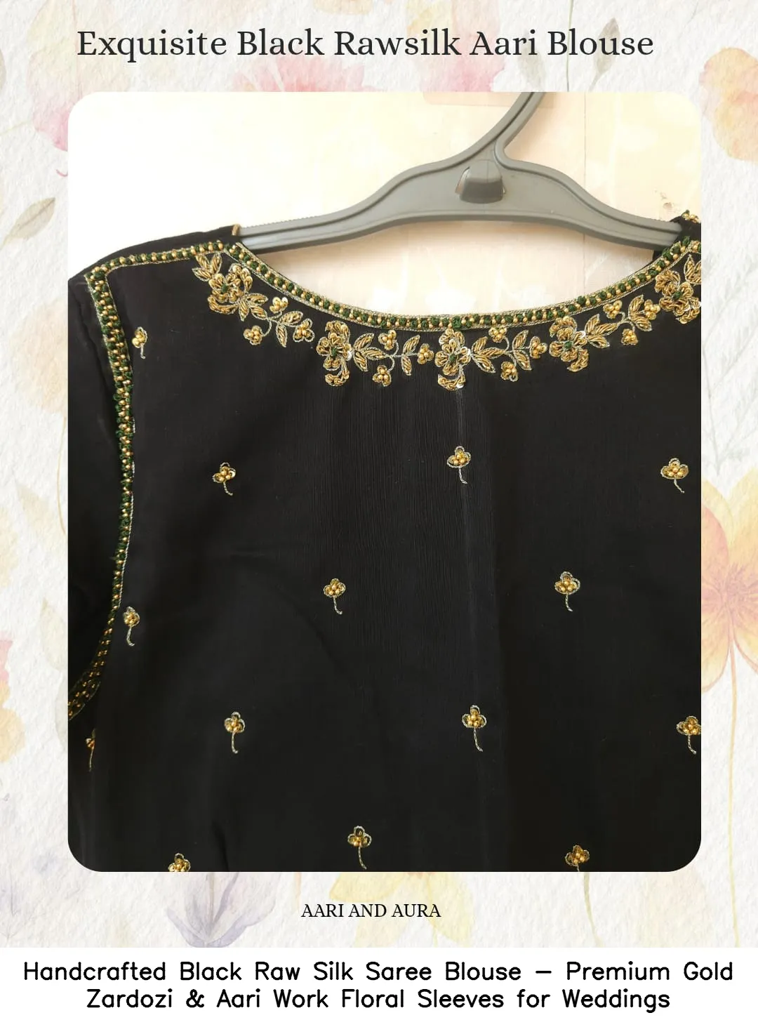 Handcrafted Black Raw Silk Saree Blouse - Premium Gold Zardozi & Aari Work Floral Sleeves for Weddings