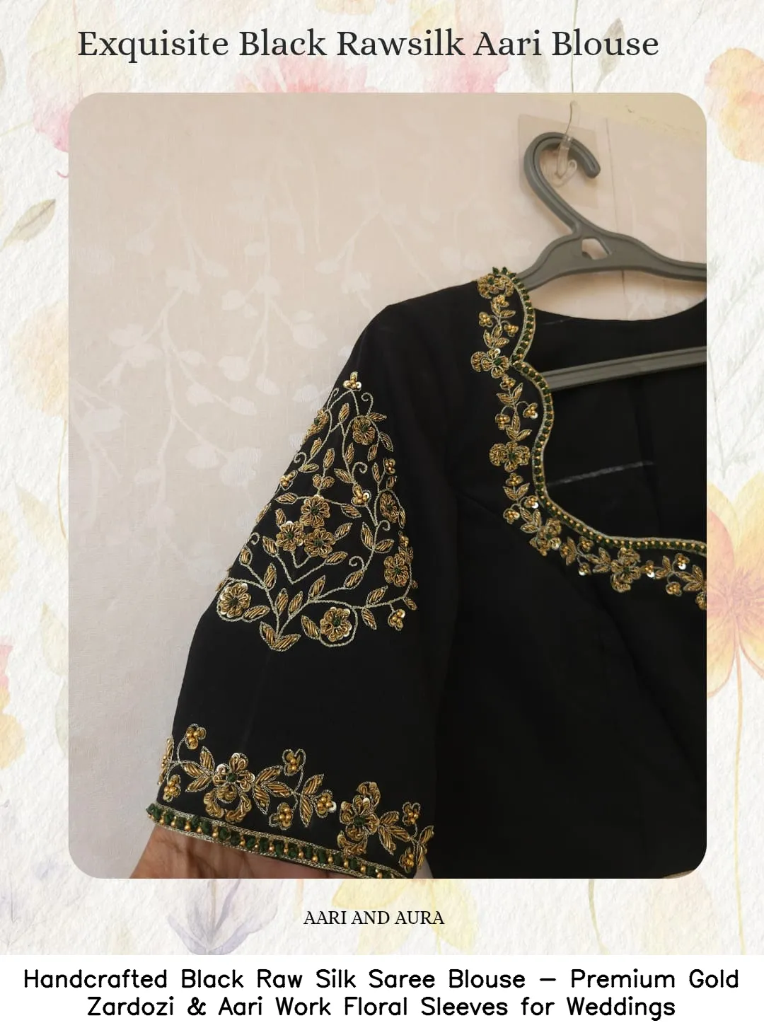 Handcrafted Black Raw Silk Saree Blouse - Premium Gold Zardozi & Aari Work Floral Sleeves for Weddings