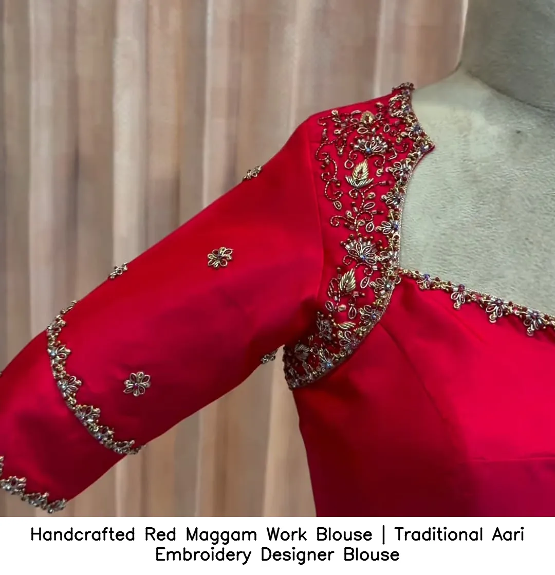 Close-up of Aari Maggam embroidery on a bridal blouse