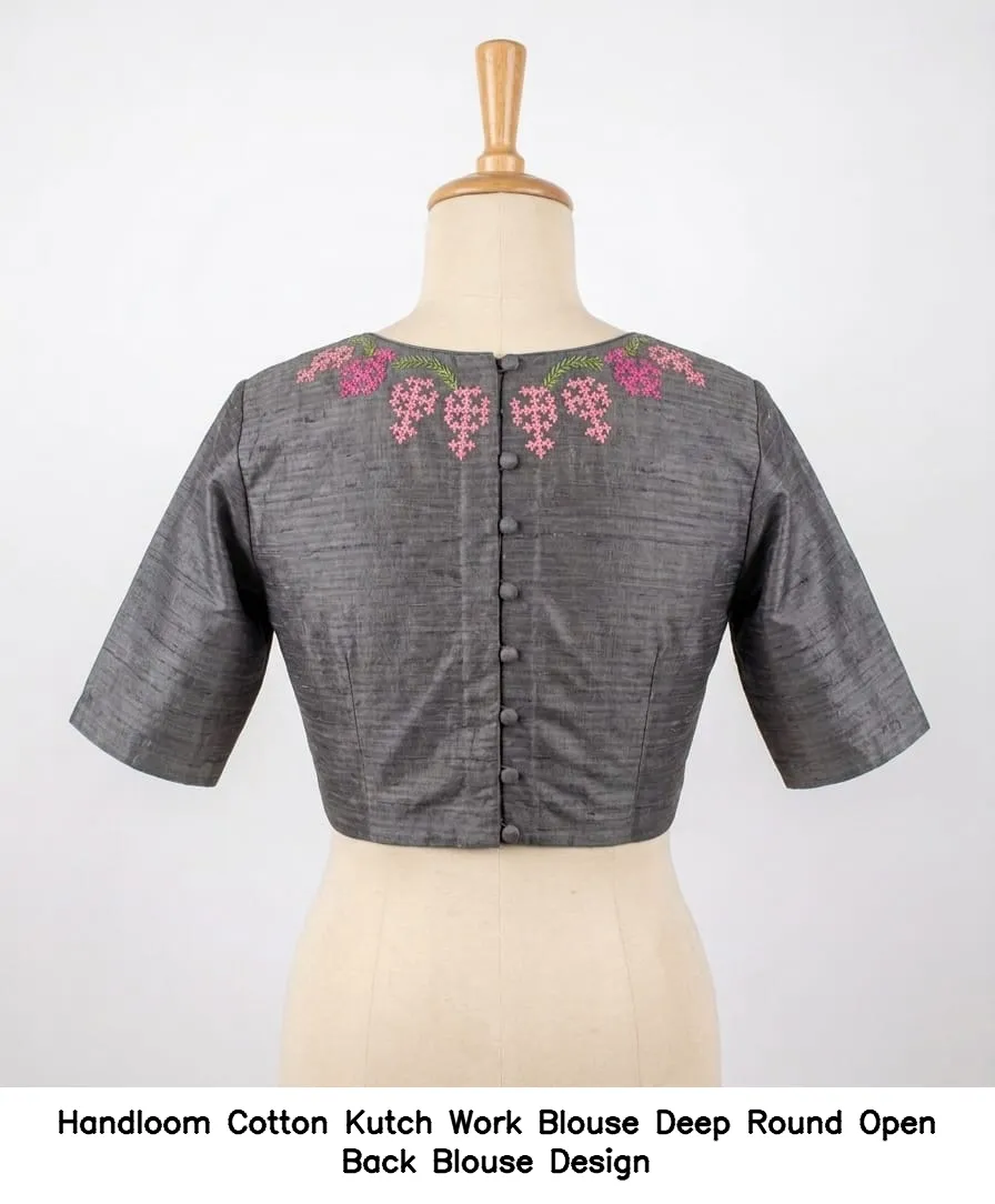 Handloom Cotton Kutch Work Blouse Deep Round Open Back Blouse Design