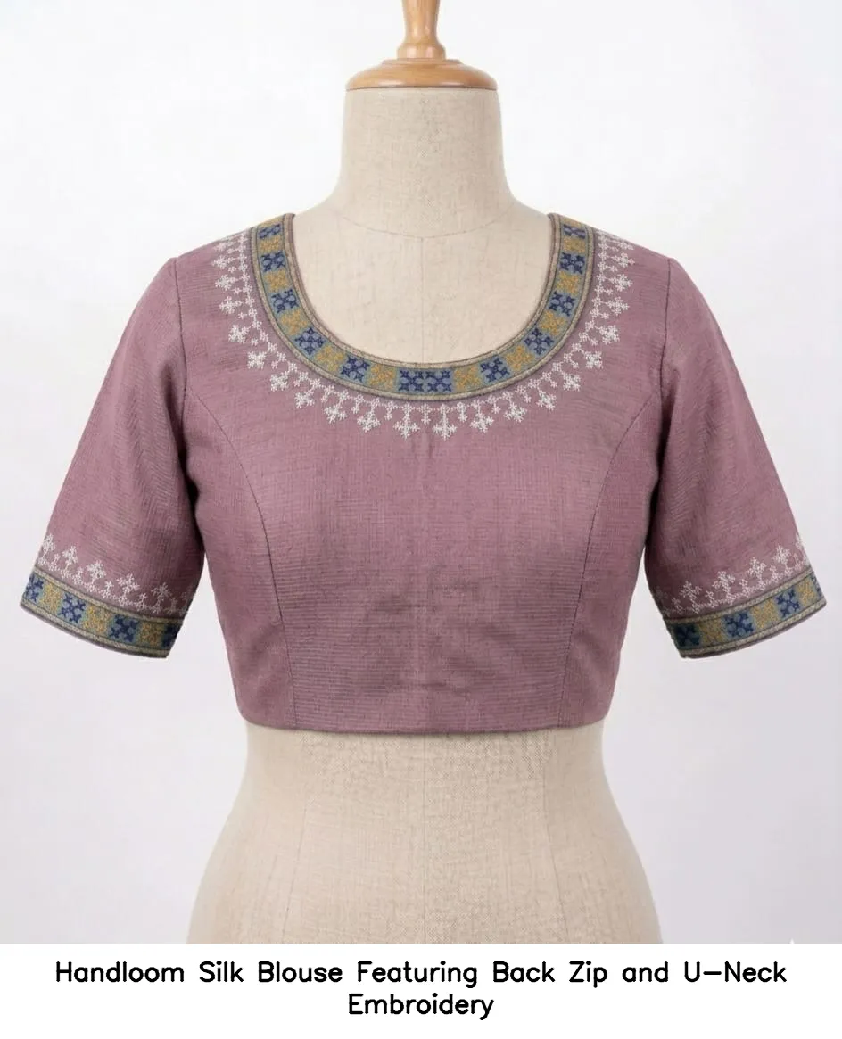 Handloom Silk Blouse Featuring Back Zip and U-Neck Embroidery