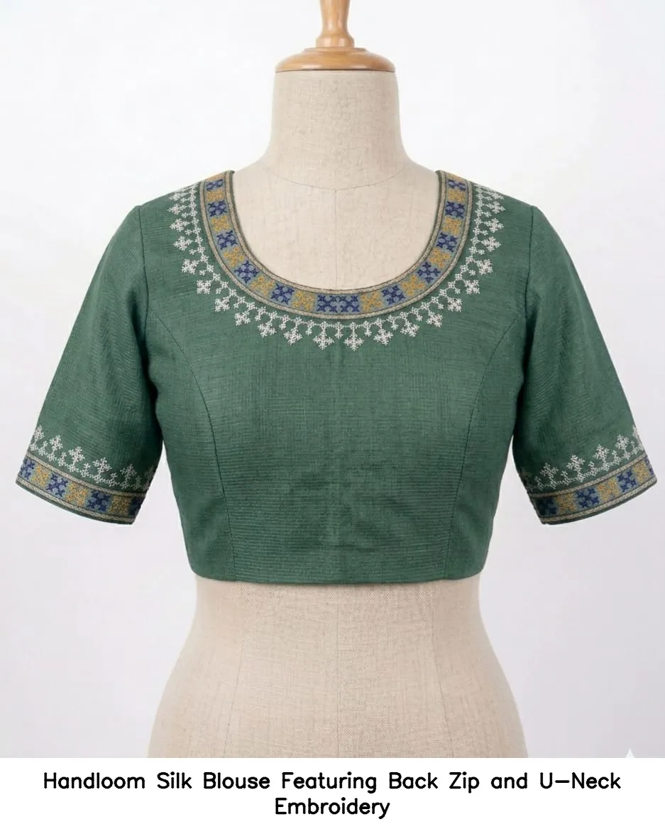 Handloom Silk Blouse Featuring Back Zip and U-Neck Embroidery