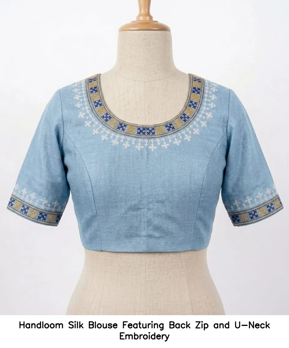 Handloom Silk Blouse Featuring Back Zip and U-Neck Embroidery