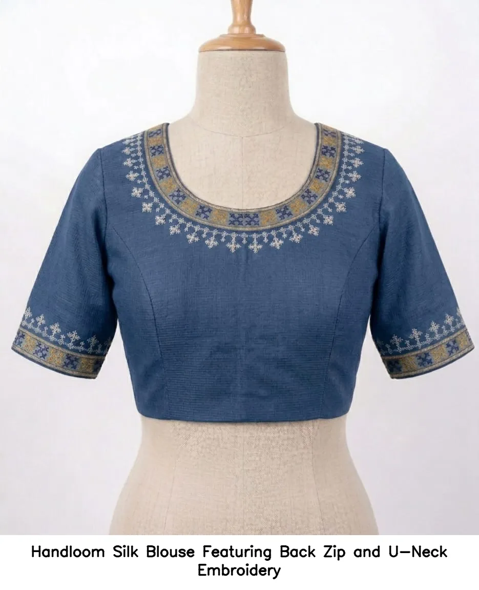 Handloom Silk Blouse Featuring Back Zip and U-Neck Embroidery