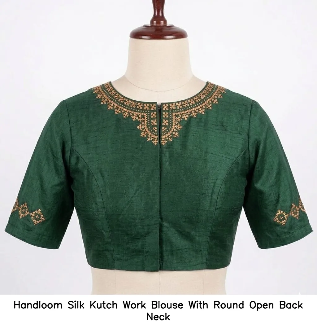 Handloom Silk Kutch Work Blouse With Round Open Back Neck