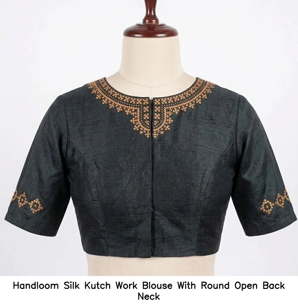 Handloom Silk Kutch Work Blouse With Round Open Back Neck
