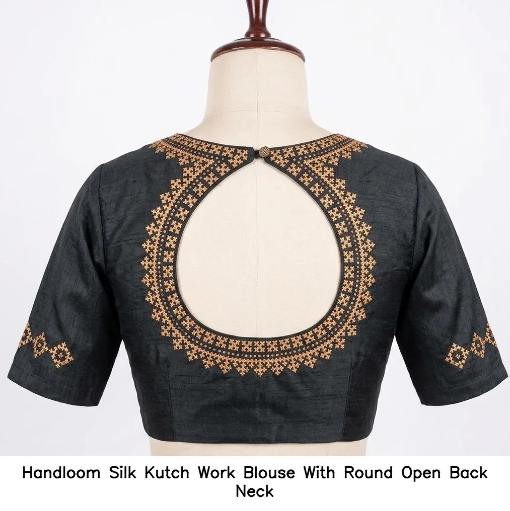 Handloom Silk Kutch Work Blouse With Round Open Back Neck