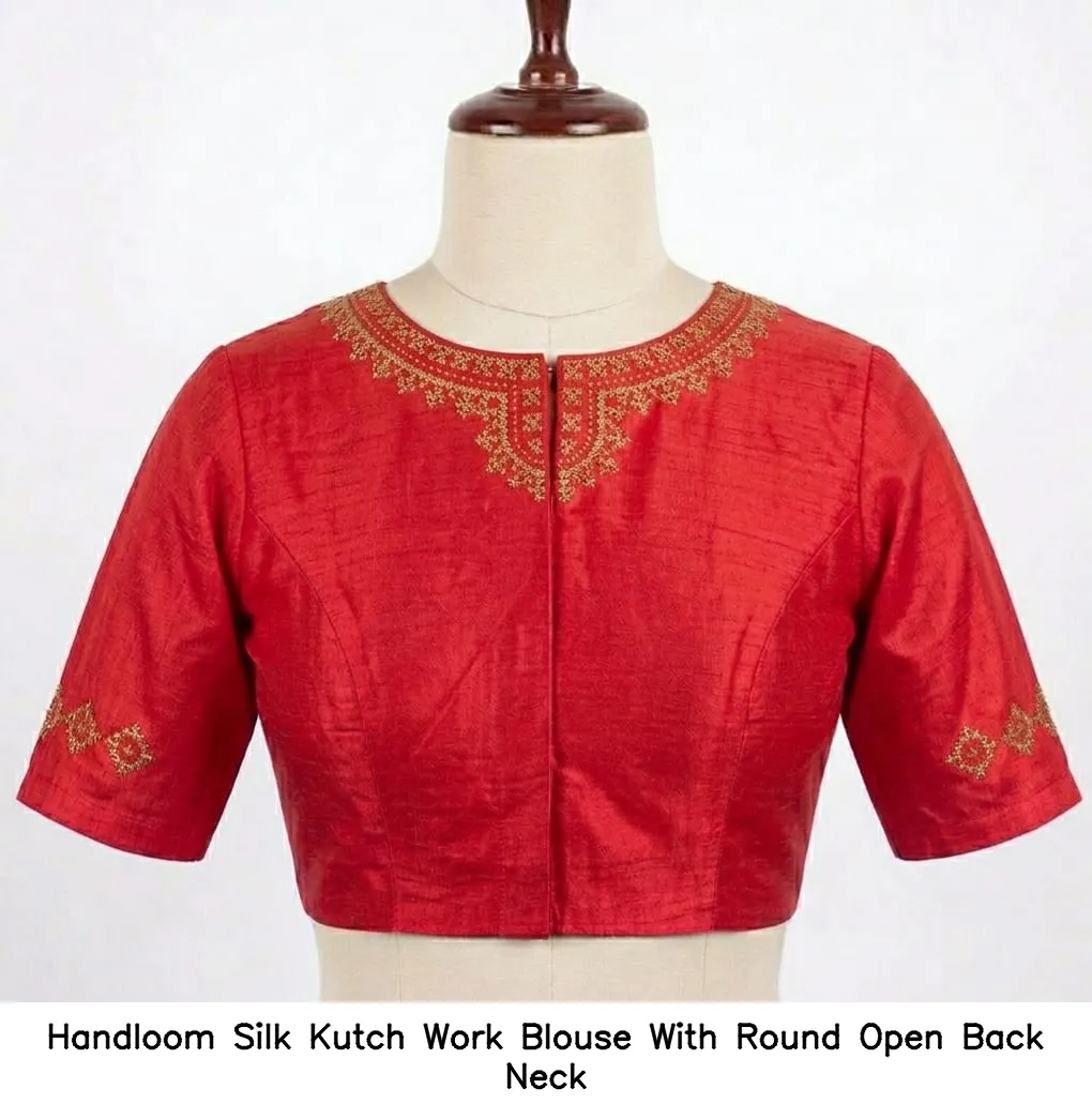 Handloom Silk Kutch Work Blouse With Round Open Back Neck