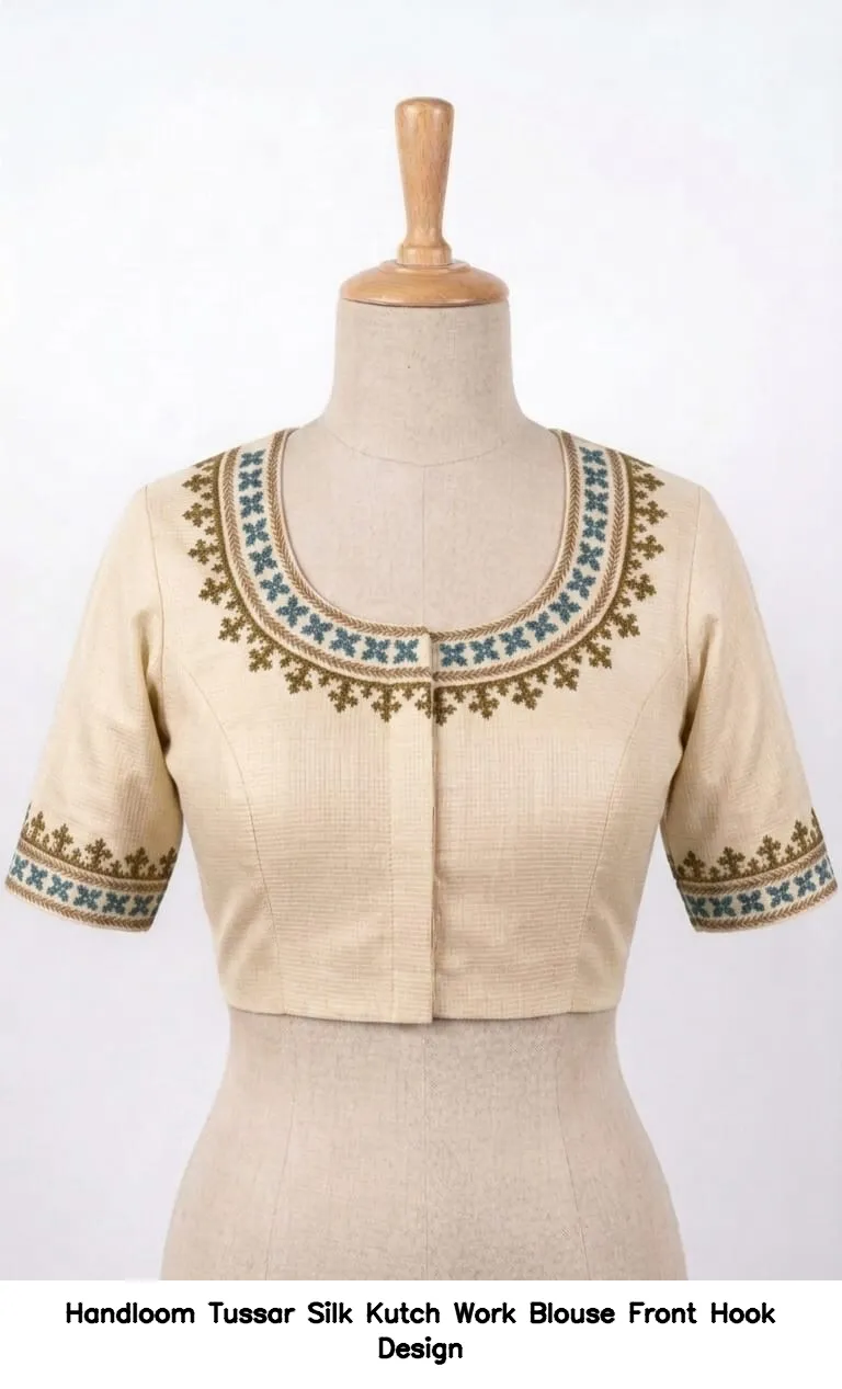 Handloom Tussar Silk Kutch Work Blouse Front Hook Design
