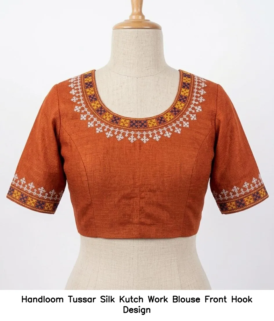 Handloom Tussar Silk Kutch Work Blouse Front Hook Design