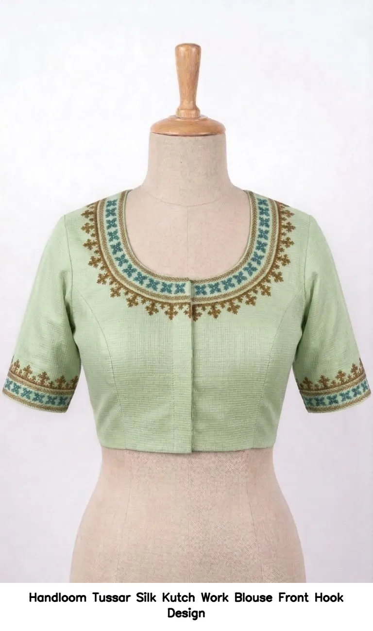 Handloom Tussar Silk Kutch Work Blouse Front Hook Design