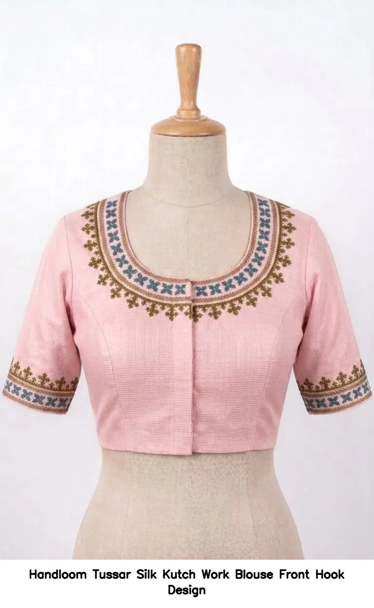 Handloom Tussar Silk Kutch Work Blouse Front Hook Design