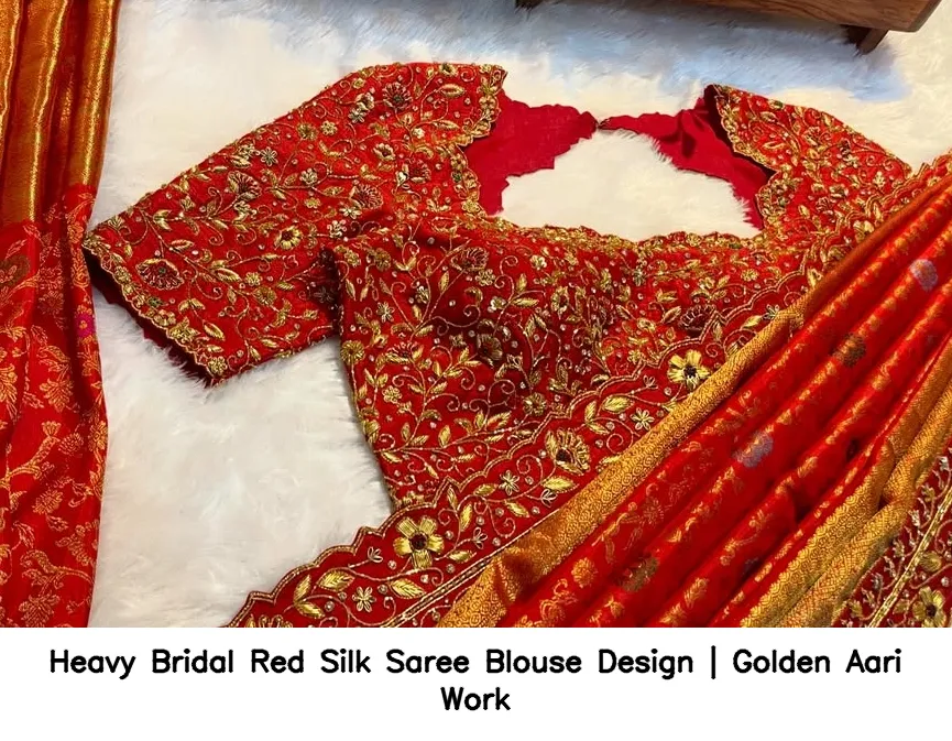 Heavy Bridal Red Silk Saree Blouse Design | Golden Aari Work