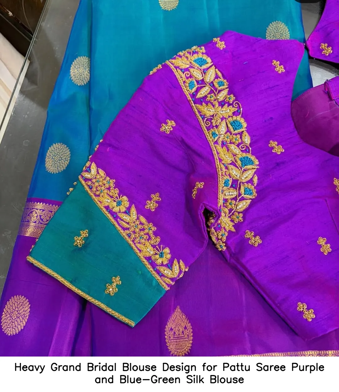 Heavy Grand Bridal Blouse Design for Pattu Saree Purple and Blue-Green Silk Blouse