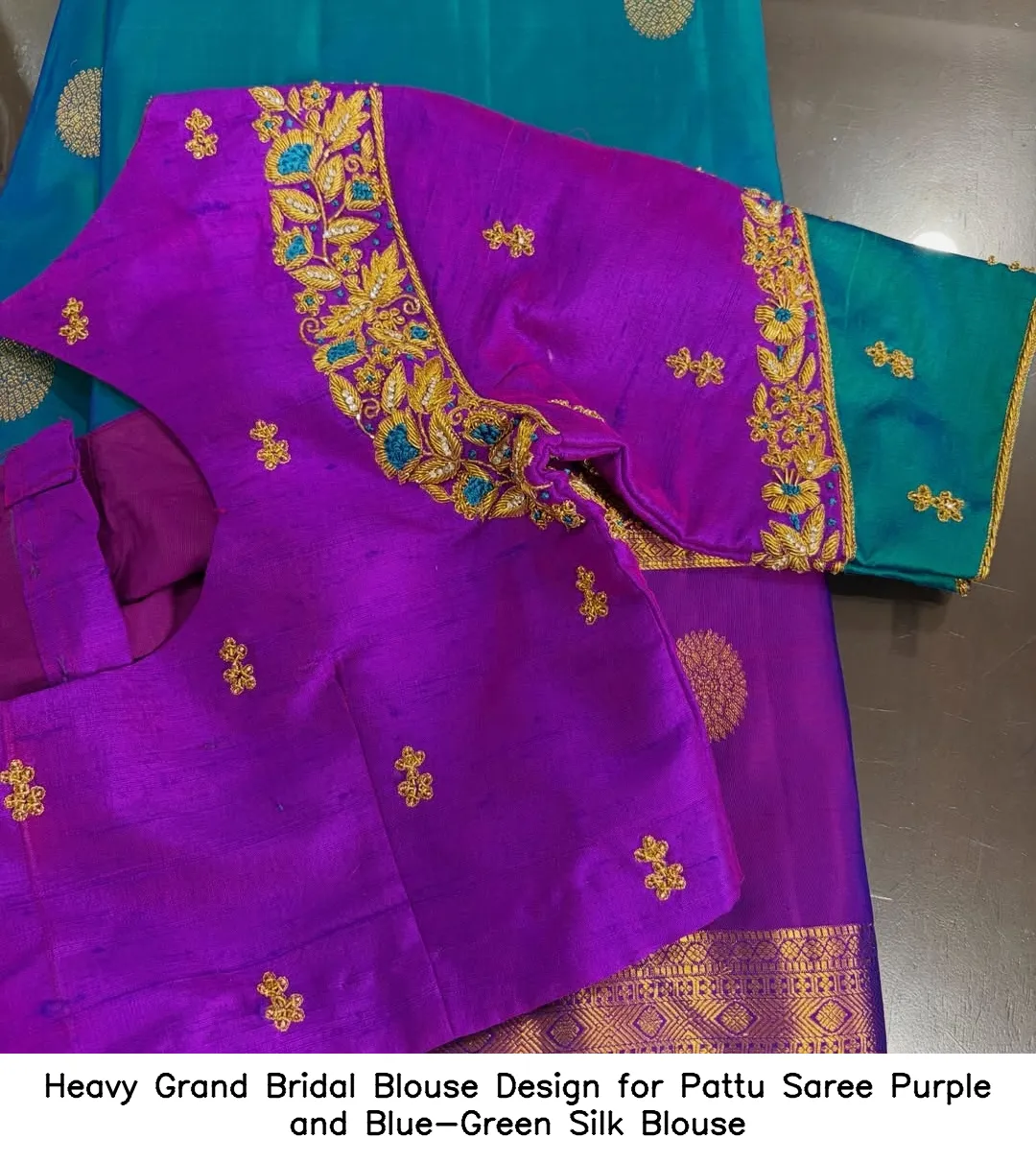 Heavy Grand Bridal Blouse Design for Pattu Saree Purple and Blue-Green Silk Blouse