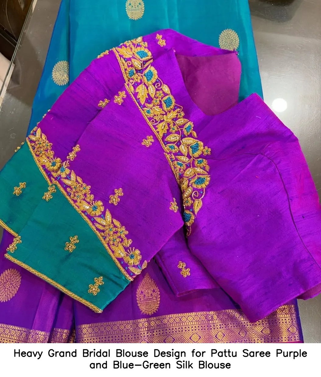 Heavy Grand Bridal Blouse Design for Pattu Saree Purple and Blue-Green Silk Blouse