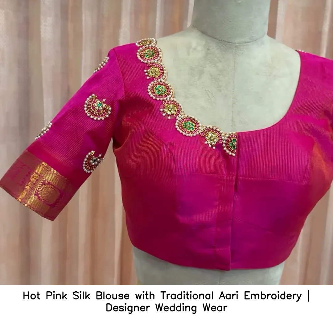 Hot Pink Silk Blouse with Traditional Aari Embroidery | Designer Wedding Wear 2