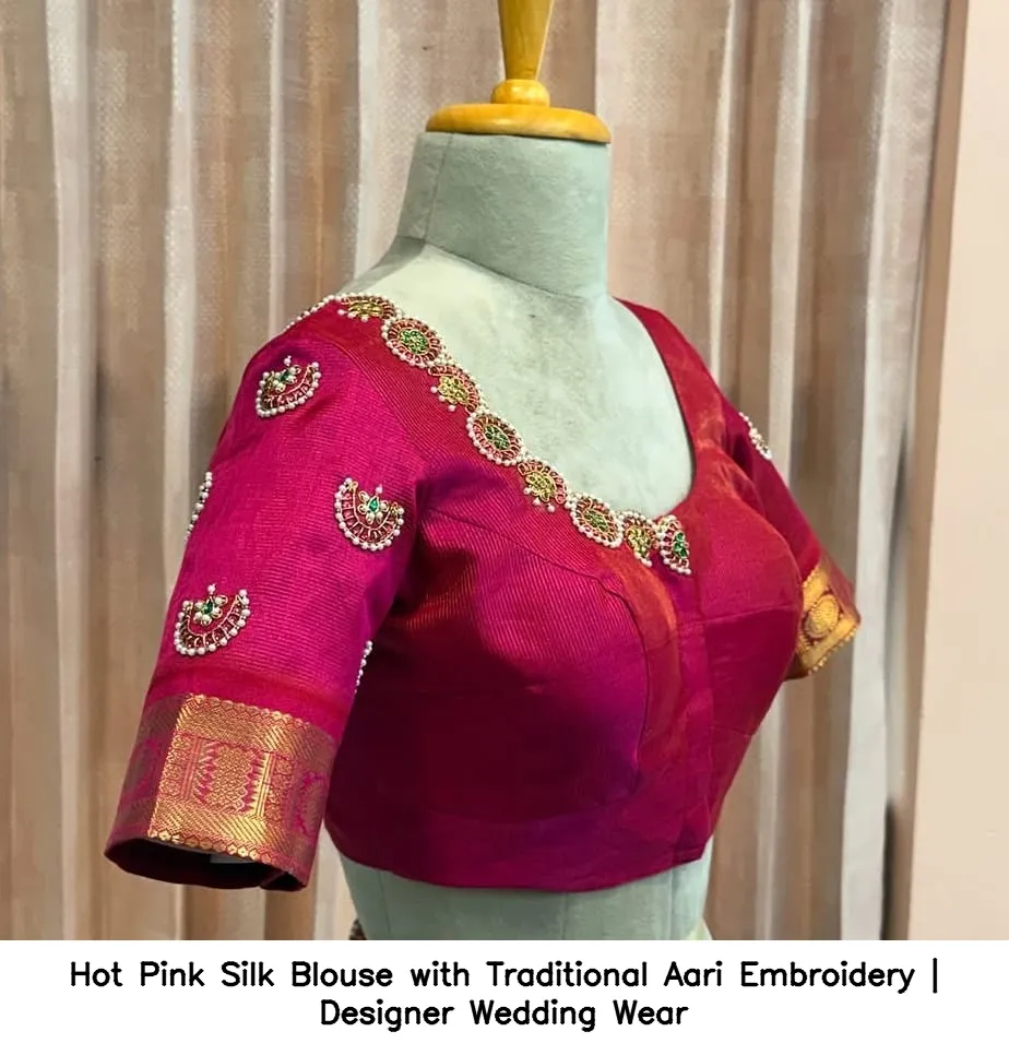 Hot Pink Silk Blouse with Traditional Aari Embroidery | Designer Wedding Wear 3