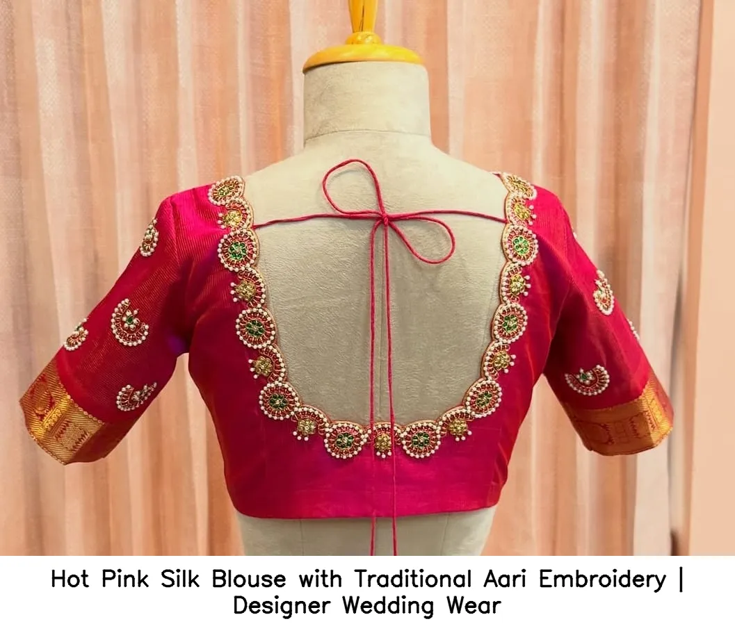 Hot Pink Silk Blouse with Traditional Aari Embroidery | Designer Wedding Wear 5