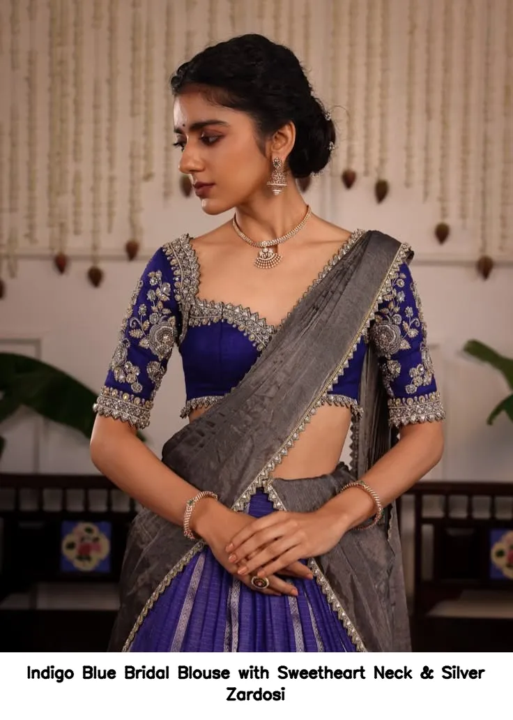 Indigo Blue Bridal Blouse with Sweetheart Neck & Silver Zardosi