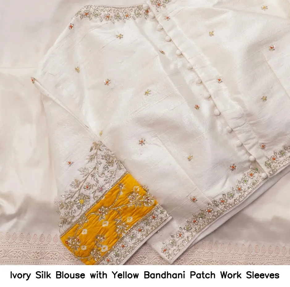 Ivory Silk Blouse with Yellow Bandhani Patch Work Sleeves