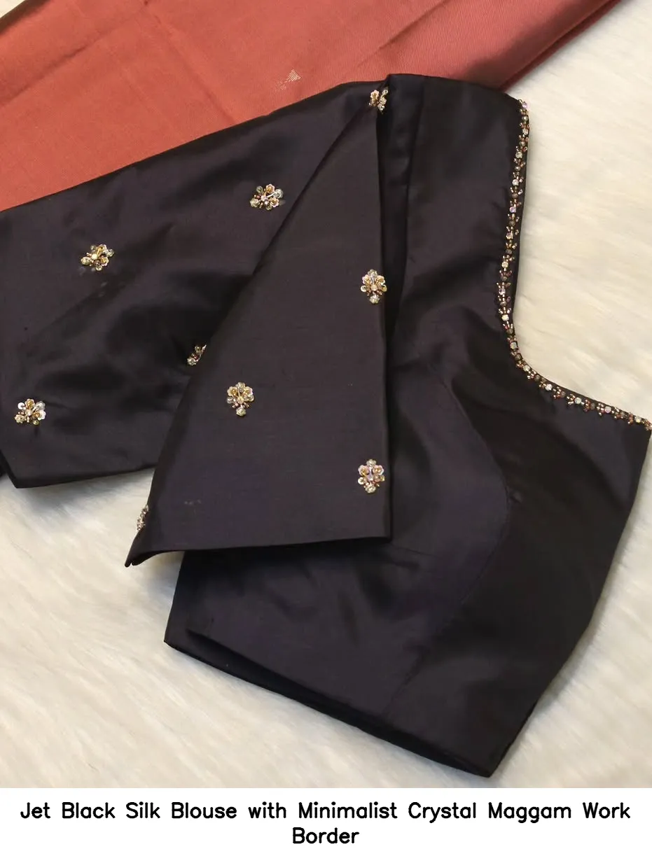 Jet Black Silk Blouse with Minimalist Crystal Maggam Work Border