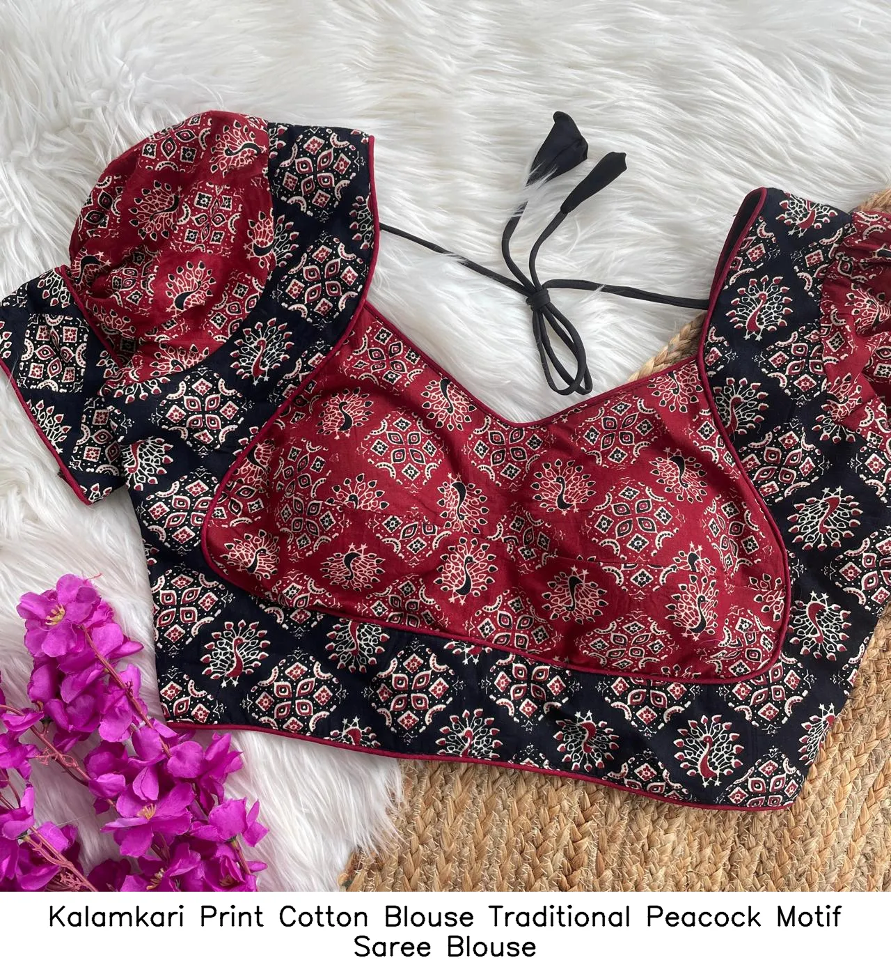Kalamkari Print Cotton Blouse – Traditional Peacock Motif Saree Blouse