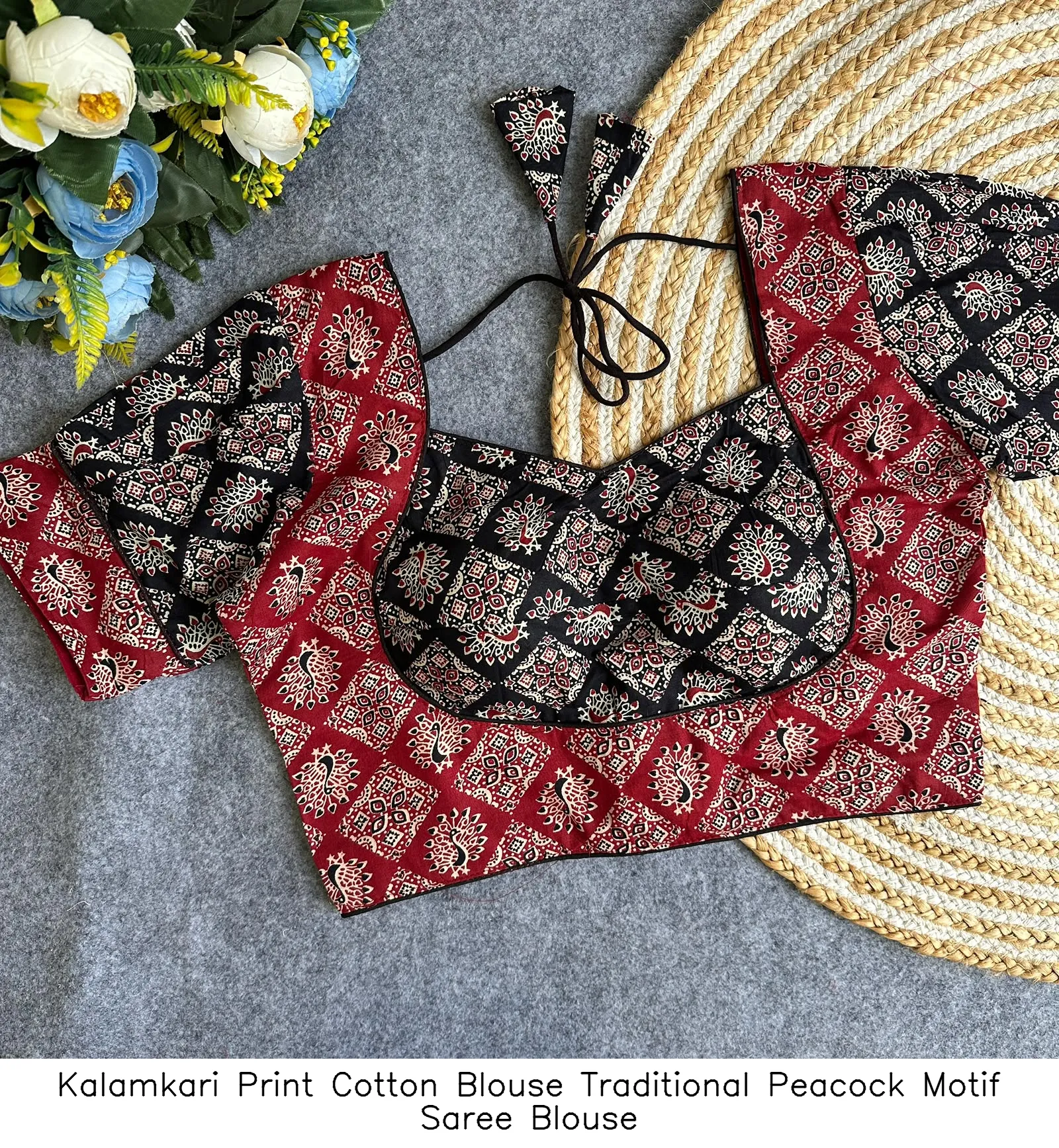 Kalamkari Print Cotton Blouse – Traditional Peacock Motif Saree Blouse 11