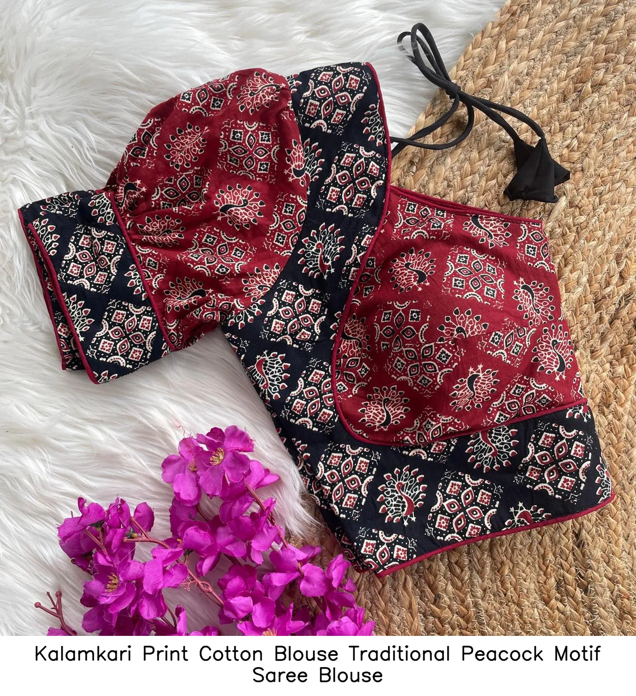 Kalamkari Print Cotton Blouse – Traditional Peacock Motif Saree Blouse 12