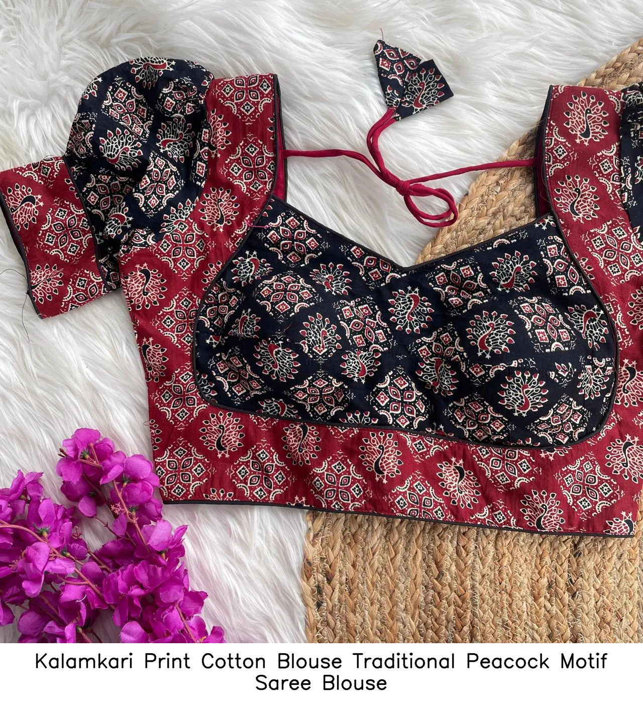 Kalamkari Print Cotton Blouse – Traditional Peacock Motif Saree Blouse 13