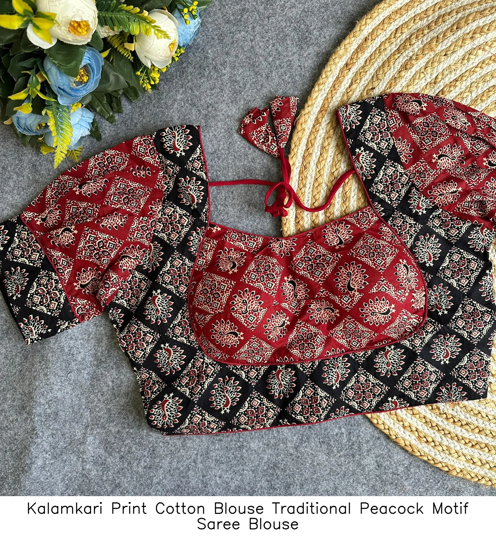 Kalamkari Print Cotton Blouse – Traditional Peacock Motif Saree Blouse 14