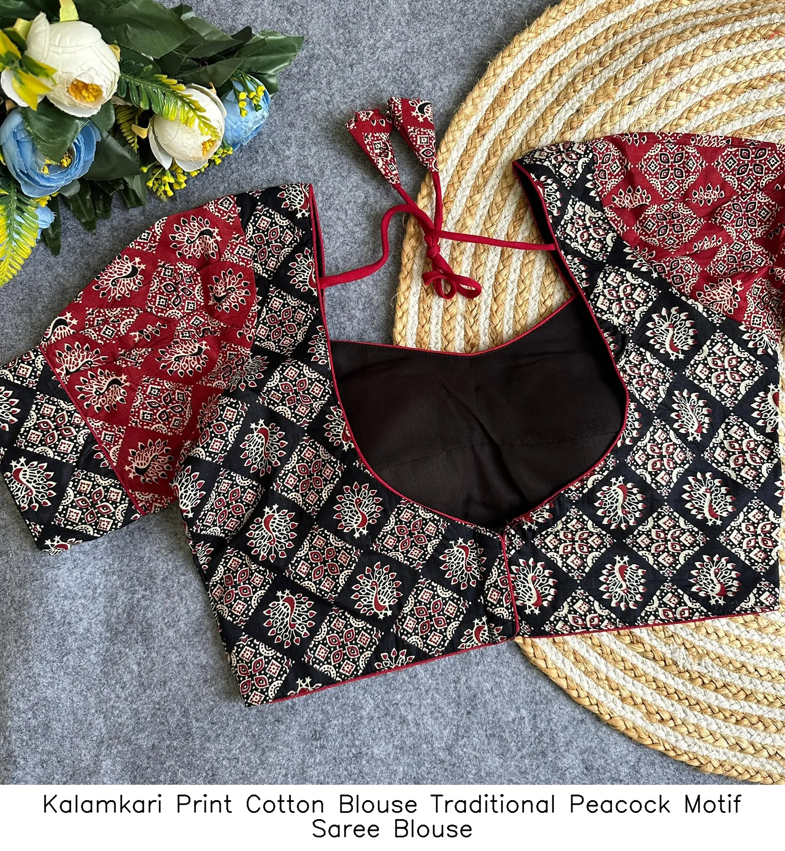 Kalamkari Print Cotton Blouse – Traditional Peacock Motif Saree Blouse 2