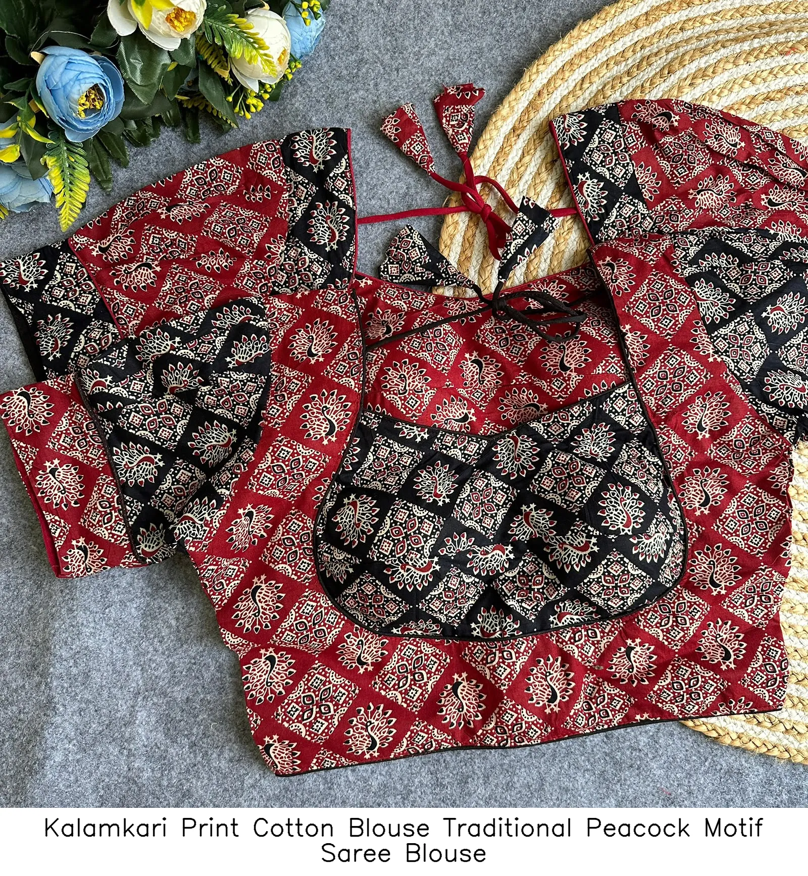 Kalamkari Print Cotton Blouse – Traditional Peacock Motif Saree Blouse 3