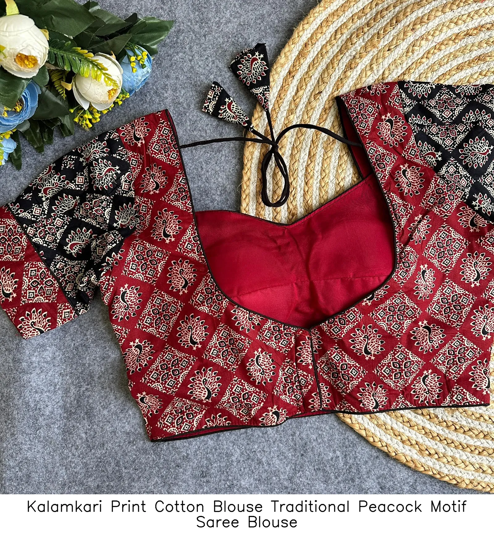 Kalamkari Print Cotton Blouse – Traditional Peacock Motif Saree Blouse 4