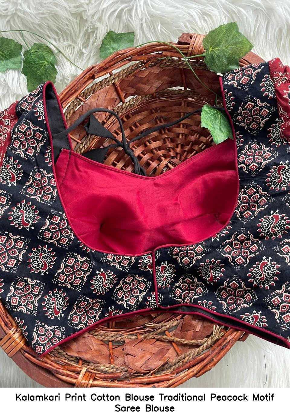 Kalamkari Print Cotton Blouse – Traditional Peacock Motif Saree Blouse 5