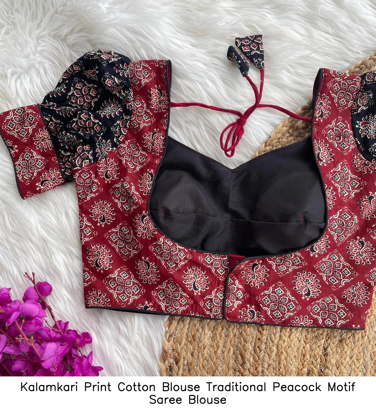 Kalamkari Print Cotton Blouse – Traditional Peacock Motif Saree Blouse 7
