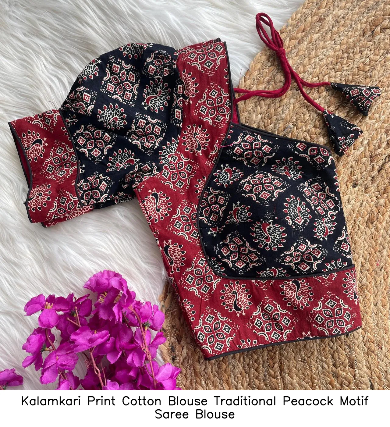 Kalamkari Print Cotton Blouse – Traditional Peacock Motif Saree Blouse 8