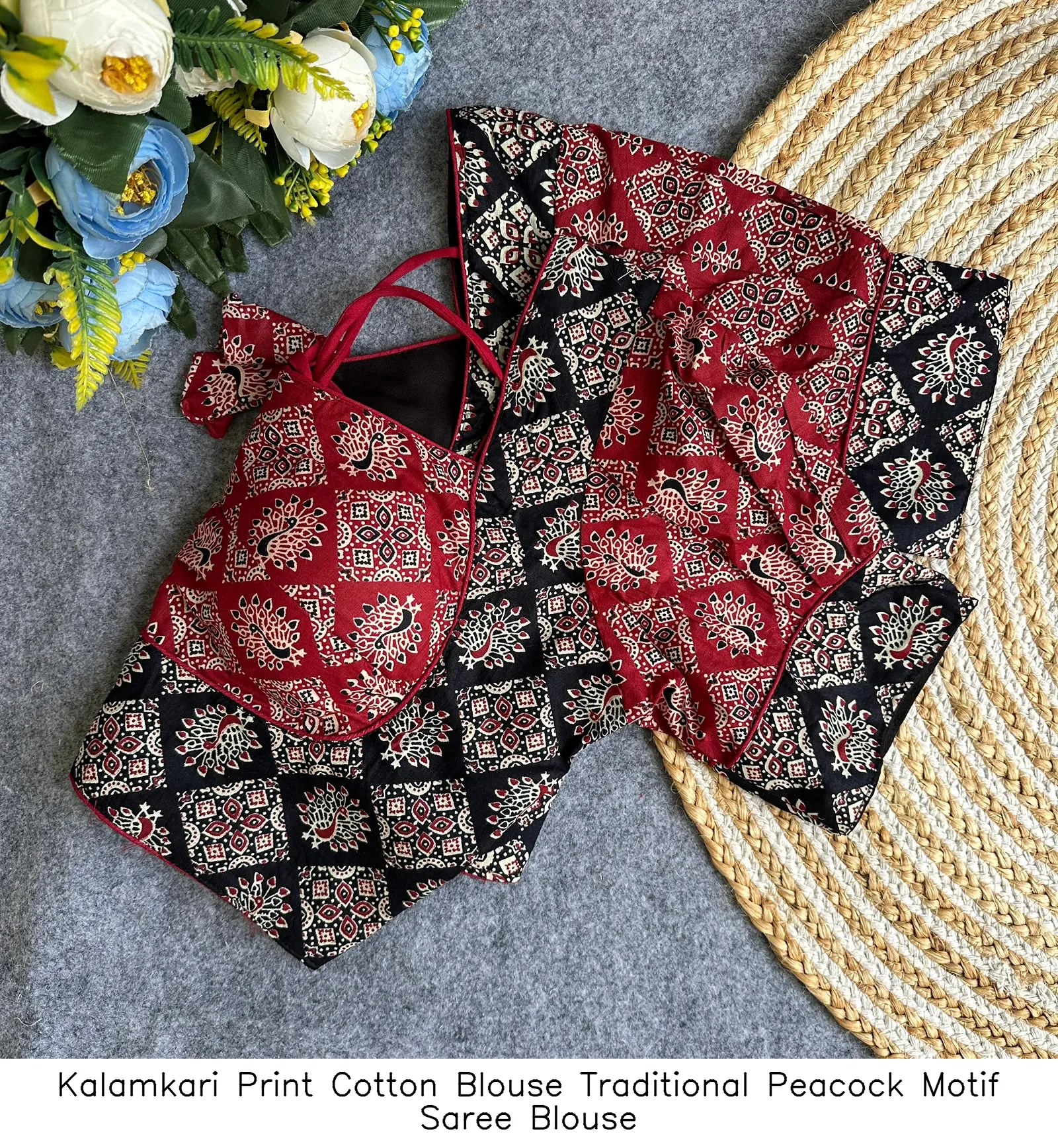 Kalamkari Print Cotton Blouse – Traditional Peacock Motif Saree Blouse 9