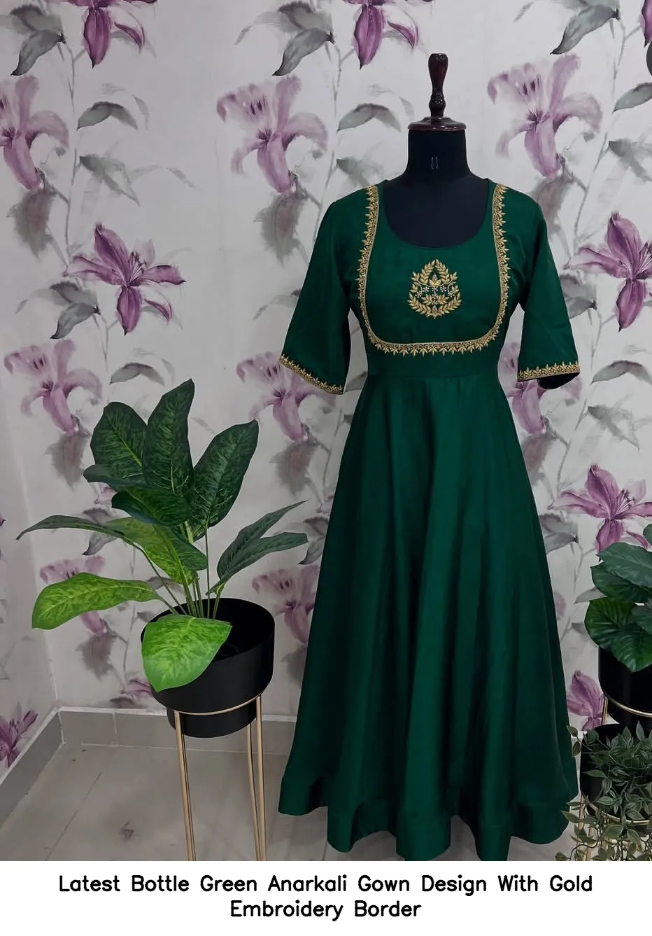 Latest Bottle Green Anarkali Gown Design With Gold Embroidery Border