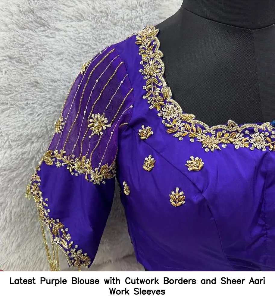 Latest Purple Blouse with Cutwork Borders and Sheer Aari Work Sleeves