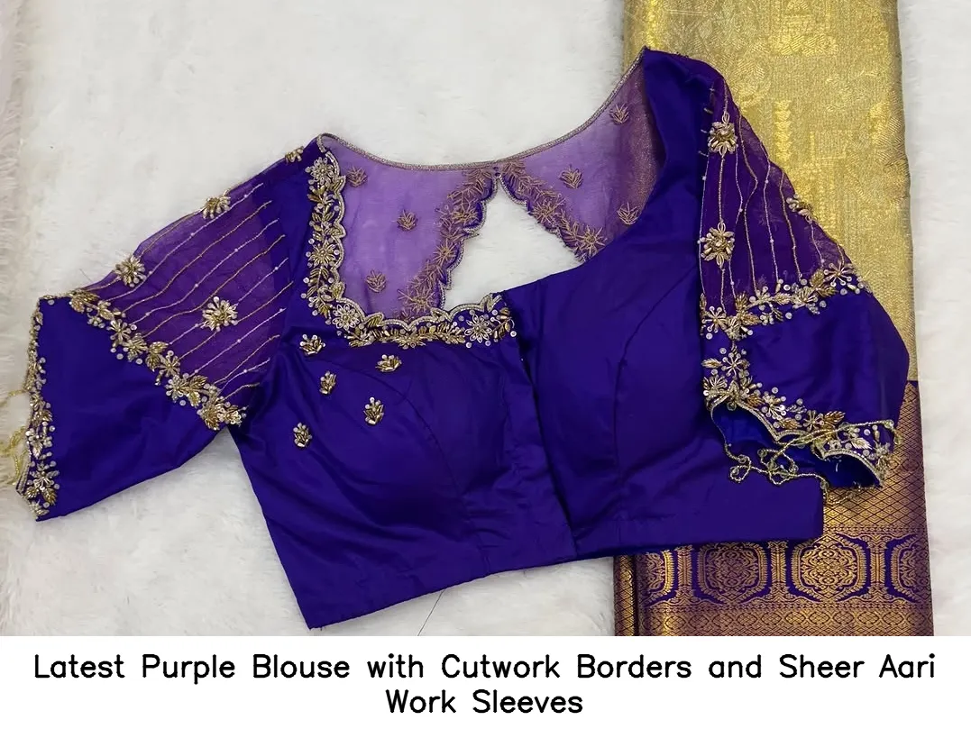 Latest Purple Blouse with Cutwork Borders and Sheer Aari Work Sleeves