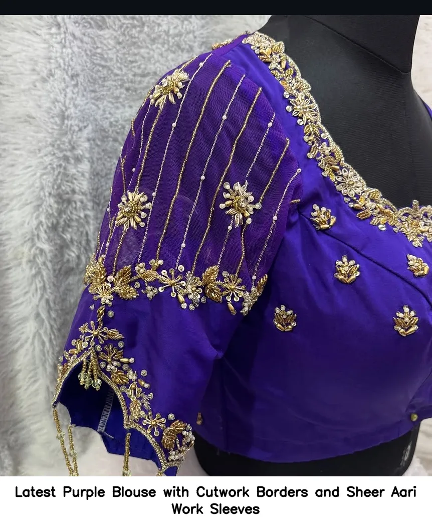 Latest Purple Blouse with Cutwork Borders and Sheer Aari Work Sleeves