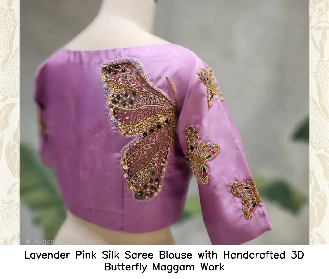 Lavender Pink Silk Saree Blouse with Handcrafted 3D Butterfly Maggam Work