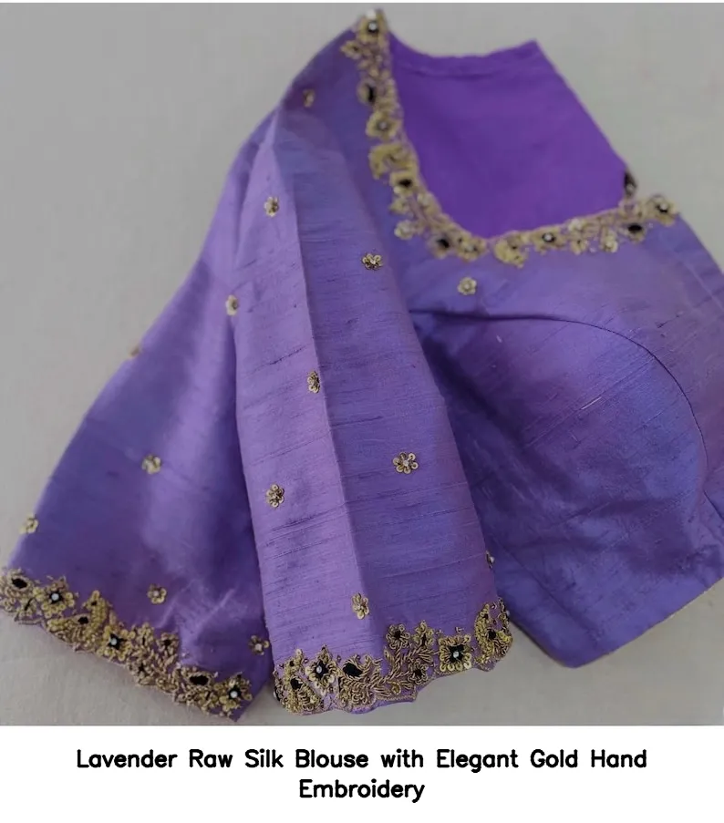Lavender Raw Silk Blouse with Elegant Gold Hand Embroidery