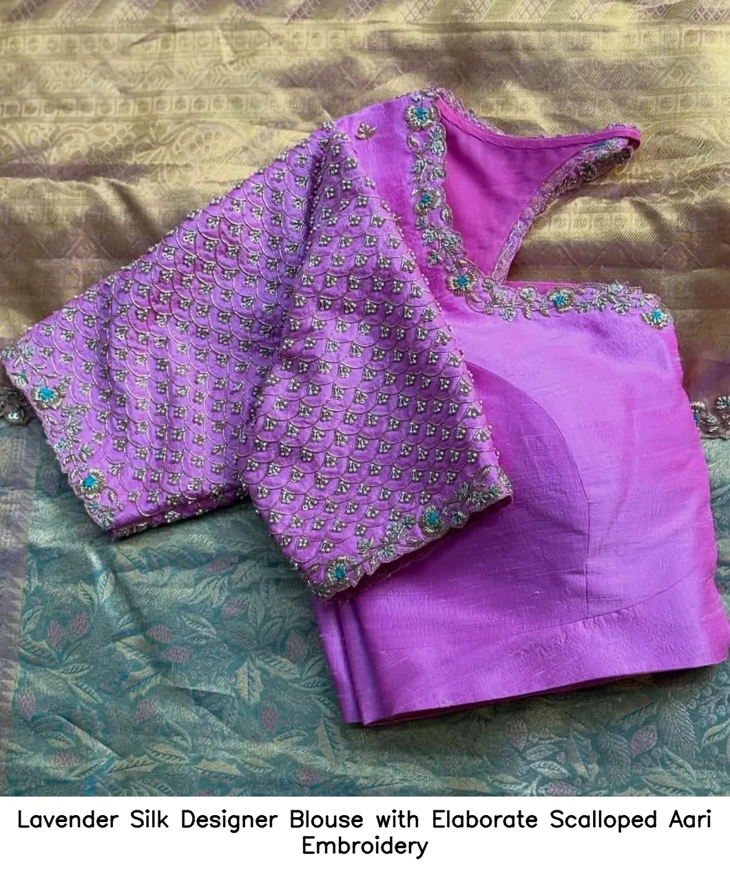 Lavender Silk Designer Blouse with Elaborate Scalloped Aari Embroidery