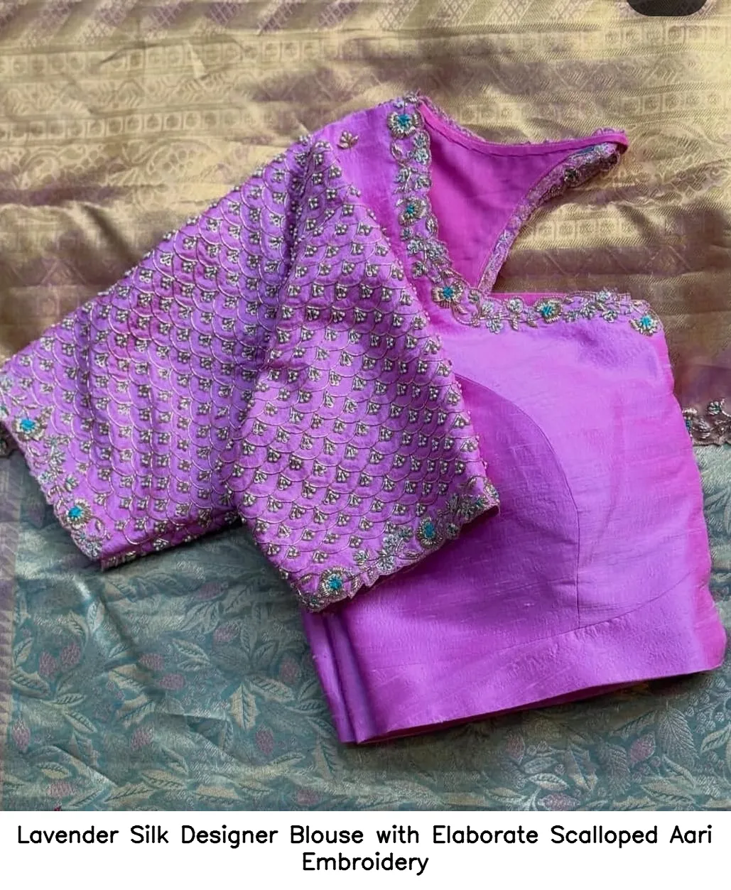 Lavender Silk Designer Blouse with Elaborate Scalloped Aari Embroidery 2