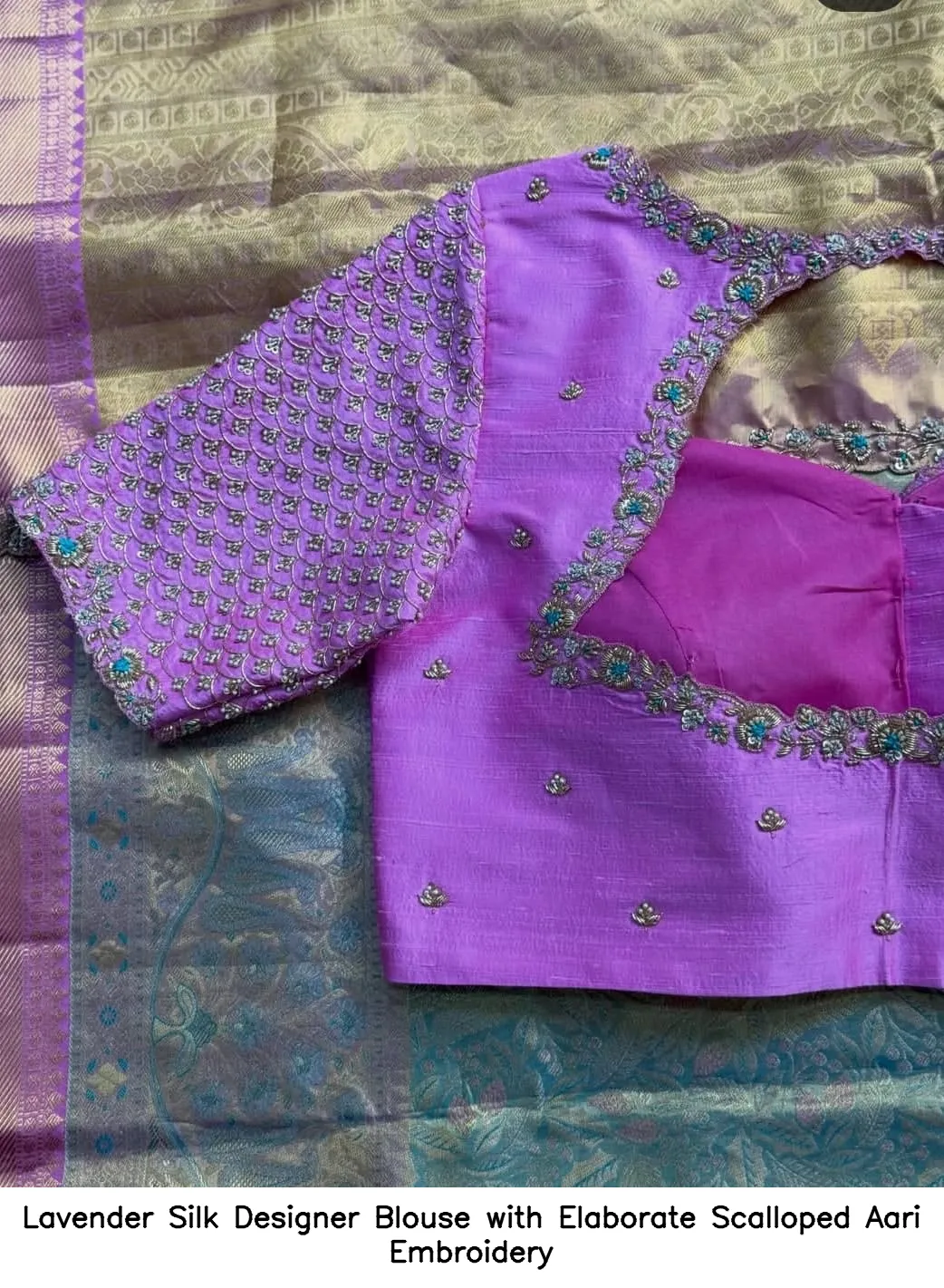 Lavender Silk Designer Blouse with Elaborate Scalloped Aari Embroidery 3